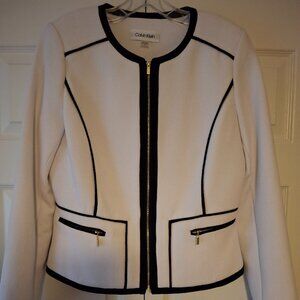 EUC Calvin Klein Zip-Front Piped Pique White Collarless Blazer Size 10